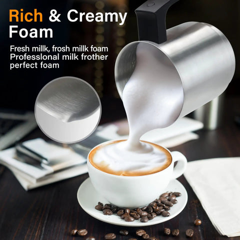 4 In 1 Milk Frother And Steamer 500ml Stainless Steel Electric Foam Maker pouring foam into a cappuccino
