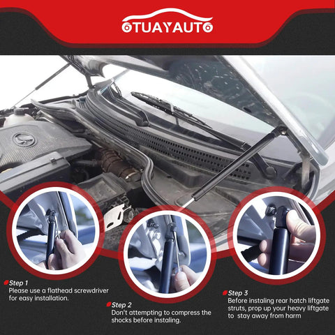 Installation steps for Front Hood Struts Replacement For 2003-2009 Lexus GX470 And 2003-2009 Toyota 4Runner shown on car hood.