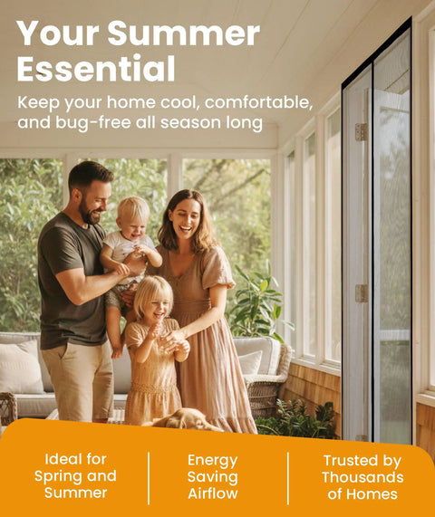 Family enjoying patio indoors with Magnetic Screen Door With Auto Seal, Heavy Duty Mesh, 52 Magnets, Hands-Free Sliding For Patio Doors.