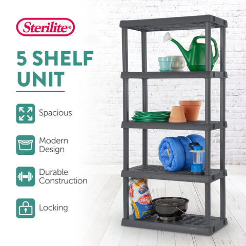 Hustle Proof Five Shelf Heavy Duty Plastic Storage Rack With Ventilated Perforated Shelves Holding Up To One Hundred Fifty Lbs Per Level For Garage Basement Project Organization filled with pots, tools, and storage containers.