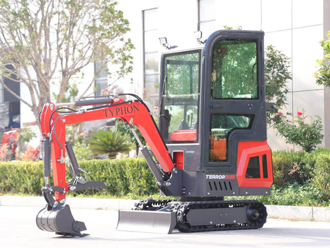 Compact 1.1 Ton Mini Excavator With Enclosed Cab And Hydraulic Thumb Attachment Built Like A Tank For Tight Job Sites Featuring 13.5 Horsepower Engine And Hydraulic Oil Cooler Handles Landscaping Work Without Breaking A Sweat, side view showcasing red and black design.