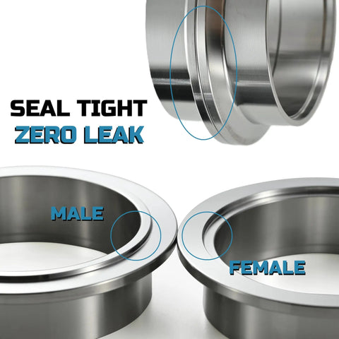 2.5 Inch Quick Release V Band Clamp And Flange Pair For Exhaust Turbo Downpipe showing male and female machined flanges.