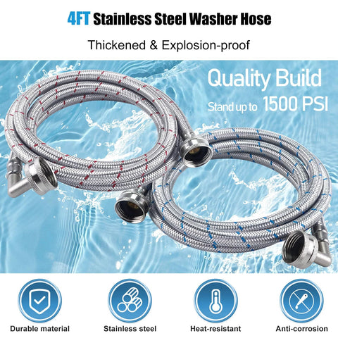 4ft braided stainless steel washer hoses with a 90-degree elbow, 2-pack for washer water inlet