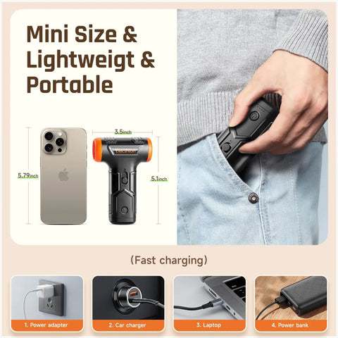 Cordless Electric Air Duster with Variable Speed Control next to smartphone, shown fitting into pocket, charging options displayed.