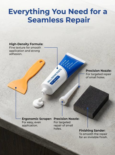 Drywall Patch Repair Kit With Quick Drying Wall Mending Paste White Includes Scraper For Holes And Cracks Waterproof Heavy Duty Patch No Mess Diy Home Fix Pro Grade Set Of 2; shown with tube, scraper, and nozzles on a surface.