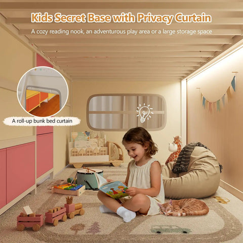 Low Loft Bed With Desk And Six Storage Drawers For Kids Space Saving Twin Loft Bed With Bookshelf LED Lights Under Bed Play Space Guardrail 13.8 Inches Inclined Ladder And Play Curtain Pink And White with play area and roll-up curtain