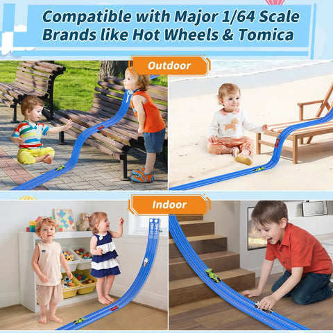 Children playing with Epic 20 Foot Flexible Slot Car Race Track Set For Kids Ages 3 And Up Dual Lane High Speed Cars Indoors and Outdoors