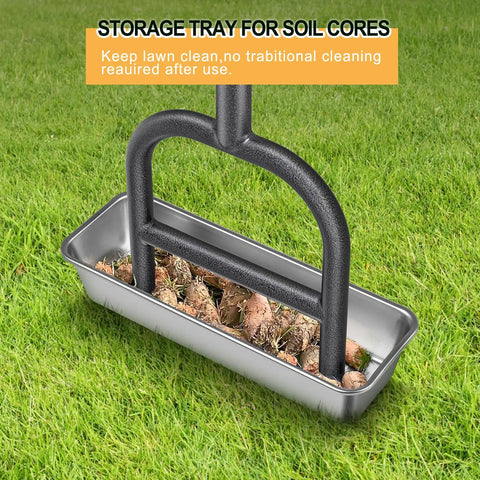 Pre Assembled Manual Lawn Aerator With Three Stainless Steel Core Plugs And Soil Core Storage Tray collecting soil plugs