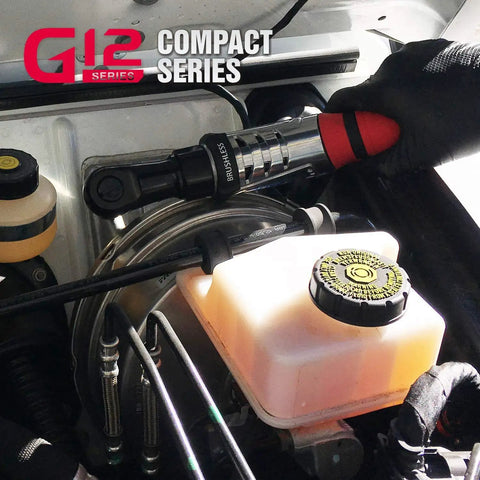 Using Brushless Quarter Inch Cordless Ratchet Wrench Kit, 12V Li-Ion Power, 45 Ft-Lbs Max Torque in engine bay, G12 Series Tool Set