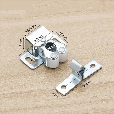 Magnetic Cabinet Catch And Door Stopper Kit For Wardrobe And Furniture Hardware with dimensions on light wood surface