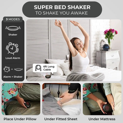 Heavy Duty Alarm Clock For Stubborn Sleepers With Rock Solid Bed Shaker Glaring Red Strobe Lights Serious Sonic Punch showing bed shaker in use.