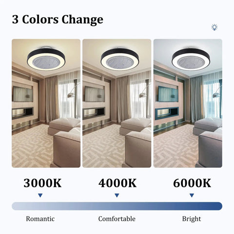 20 Inch Black Ceiling Fan With Light, Low Profile Flush Mount, Remote Control, 3-Color Dimmable Light in living room