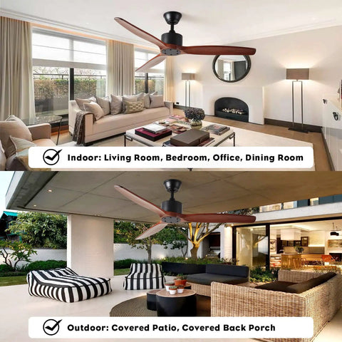 52 Inch Walnut Wood Ceiling Fan With 3 Blades No Light Quiet Reversible DC Motor Indoor Outdoor Remote Control Farmhouse Style