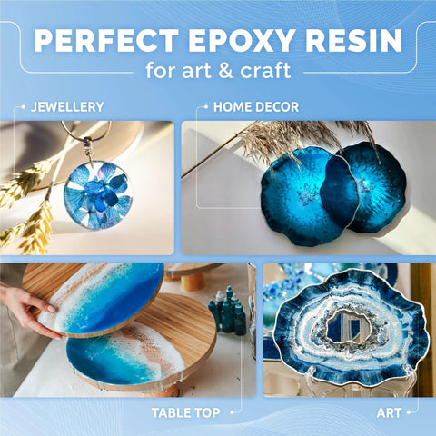 Epoxy resin kit, 1 gal, crystal clear; 4 blue resin art pieces: pendant, coasters, tabletop inlay, geode art