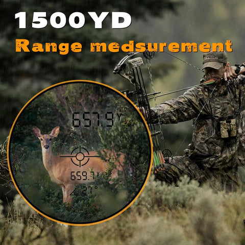 Deadly Accurate 1500 Yard Laser Rangefinder For Serious Hunters And Golfers Rechargeable Waterproof Scope display measuring a deer.