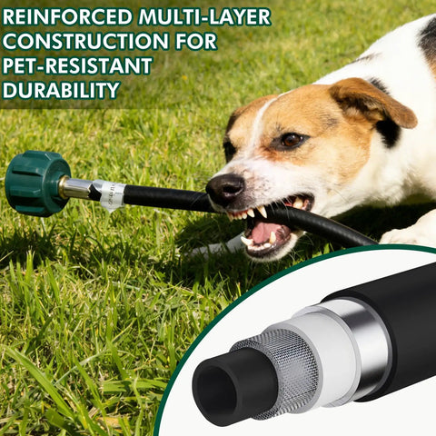 Dog biting Dual Tank RV Propane Hose 15 Inch Four Layer QCC1 Type 1 To One Quarter Inch Male NPT Camper Gas Line CSA Certified 350 PSI