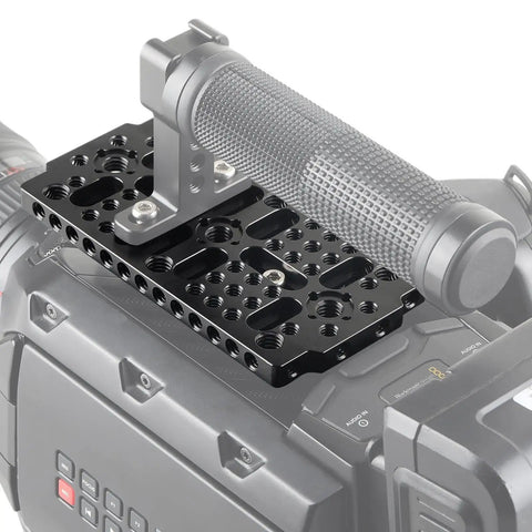 Battle Tested Camera Cheese Plate With Dual Thread Options secure switching mount featuring Arri align pin on a camera setup.