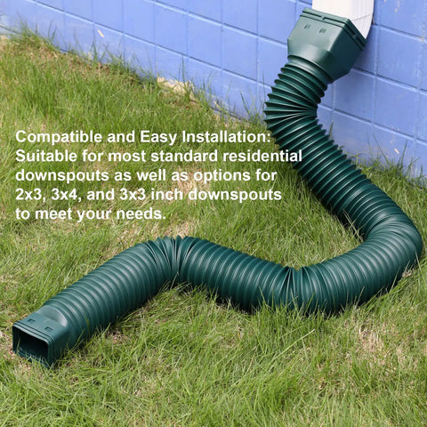 Green Two Pack Flexible Rain Gutter Downspout Extensions showing extendable feature on grass