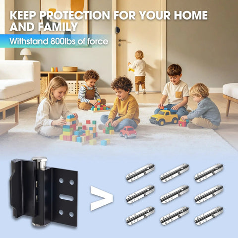 Built Different Heavy Duty Door Reinforcement Lock With Reinforced Aluminum Kick Guard For Inward Swinging Doors, shown with kids playing.