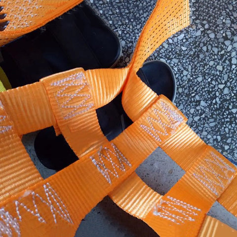 Beefy Heavy Duty Polyester Lifting Net For Cargo, Garden And Industrial Tasks with reinforced stitching on orange fabric