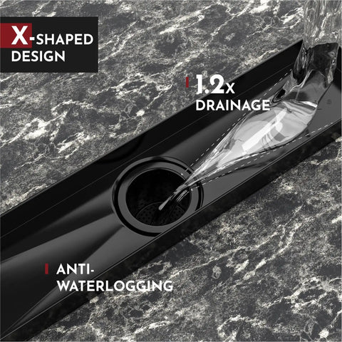 36 Inch Linear Shower Drain Kit With Reversible 2-In-1 Cover And Tile Insert Grate Removable SUS304 Stainless Steel Matte Black Finish CUPC Certified Easy Fit With Standard No Hub Bases For Fast Draining And Clog Prevention, showing water flow on black drain grate surface.