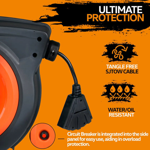 Close-up of Retractable Extension Cord Reel With 50 Ft 16 AWG SJTOW Cable and triple tap connector in poly case