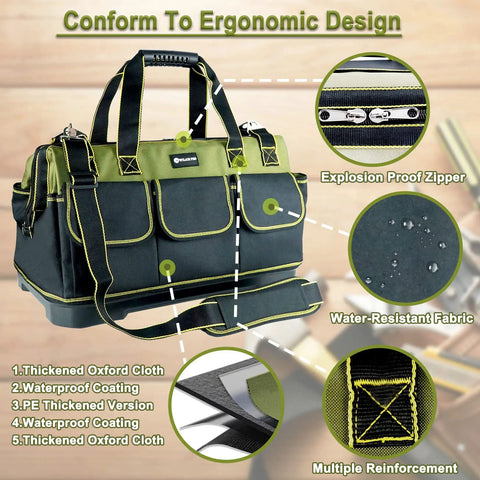 Heavy Duty 17 Inch Tool Bag With Waterproof Molded Base, ergonomic design, Oxford cloth, explosion-proof zipper, reinforcement.