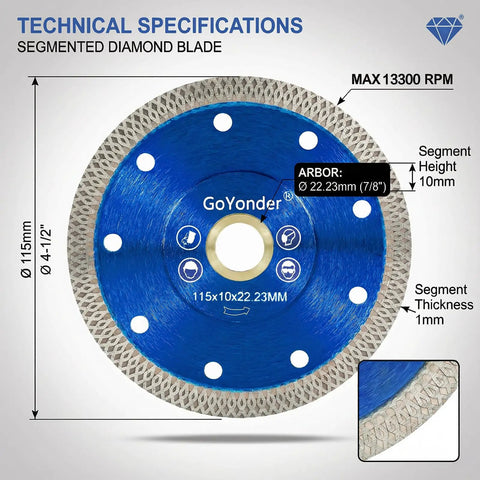 Segmented diamond blade, 4.5 inch diameter, blue with 7/8 inch arbor, suitable for cutting porcelain, granite, and marble.