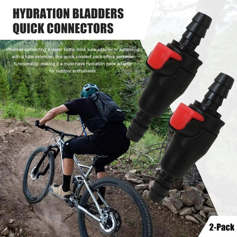 Cyclist on trail with Professional 2-Pack Hydration System Quick Disconnect Adapters for One Quarter Inch Tubing and Leak Free Connections.