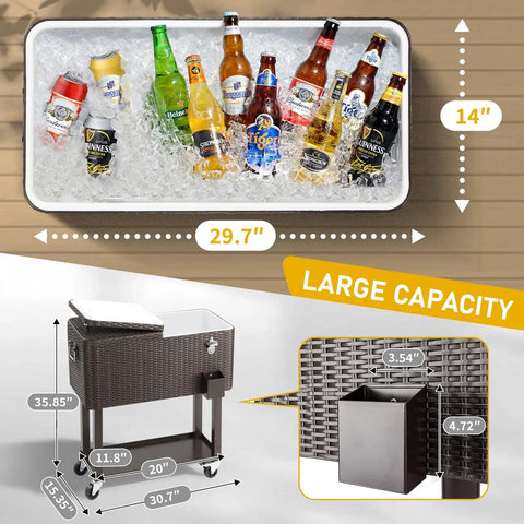 Portable Patio Cooler Bar Cart 80QT Rolling Beverage Station with storage shelf, lockable wheels, bottle opener, holds drinks.