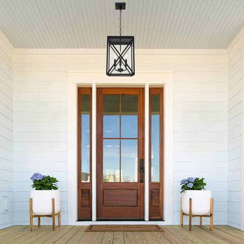 Outdoor Pendant Light Black Finish With Clear Glass, 1 Light Exterior Hanging Ceiling Lantern With Elongated Crisscross Frame