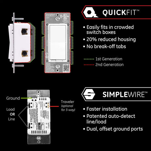 Z Wave Plus Dimmer Switch With QuickFit And SimpleWire Works With Alexa And Google Assistant No Neutral Required Dims From 0 To 100 Percent For LEDs CFLs Incandescent And Halogen Three Way White And Light Almond features and wiring details