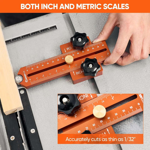 Thin Rip Jig for table saw, orange, dual inch/metric ruler, fits 3/8 x 3/4 in T-slot, with two black knobs.
