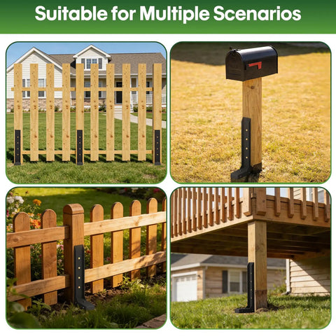 Kickass Heavy Duty Fence Post Repair Kit 2 Pack Rock Solid 8mm Double Layer Steel Post Anchor used on various wooden posts.