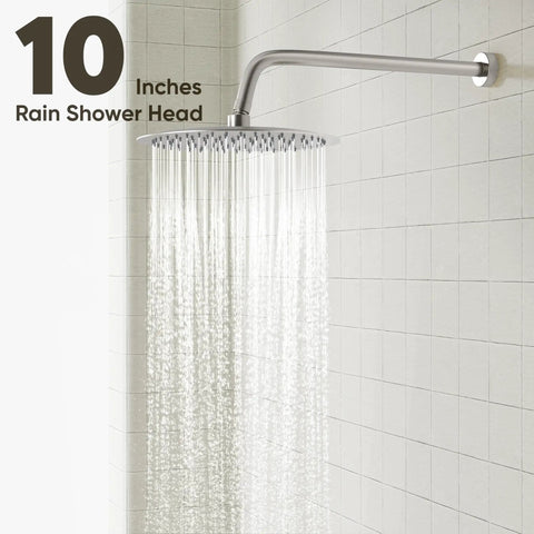 10 inch rain shower head in glossy brushed nickel, part of a Heavy Duty Shower System With A Ten Inch Rain Shower Head And Adjustable Handheld Mount.