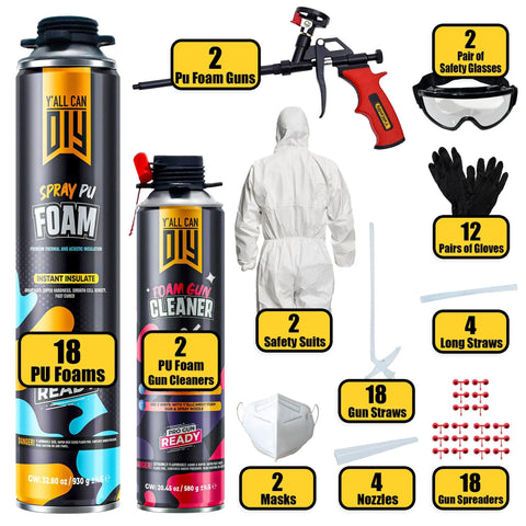 Hardcore Expanding Foam Insulation Kit Slams Shut Wall And Attic Cracks Blocks Pesky Drafts with guns, foam, gloves, safety gear.