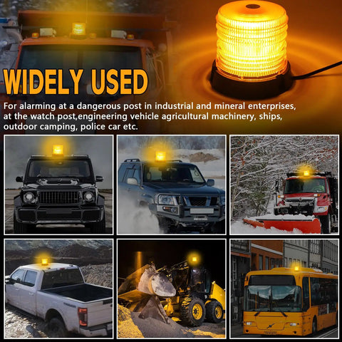 Heavy Duty 60 Led Amber Magnetic Strobe Light Featuring Hella Bright Illumination And Waterproof Build For Pickup Trucks Forklifts And Utility Gear, mounted on vehicles in various settings.