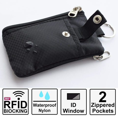 Ultra Slim RFID Blocking Wallet With ID Window And Lanyard, Water Resistant Zip Case, unisex black nylon, two zippered pockets