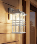 Beacon Square Outdoor Wall Light In White 1 Light Exterior Sconce With Clear Hammered Glass Craftsman Style mounted on wall