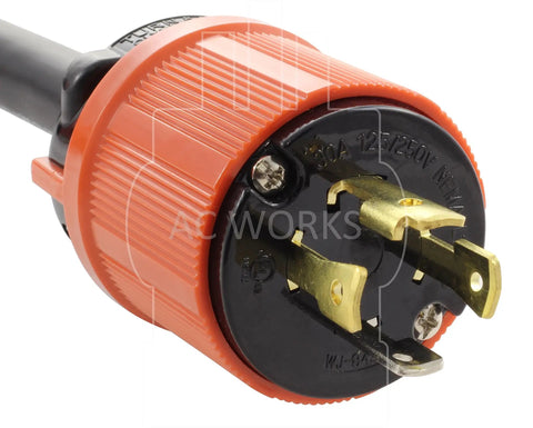 Heavy Duty Generator Extension Cord Featuring Nema L14 30 Locking Connectors close-up view of the four-prong plug.