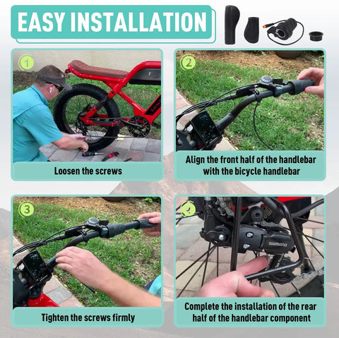FT76X Half Twist Ebike Throttle With Waterproof Plug installation steps on a red e-bike with instructions and images