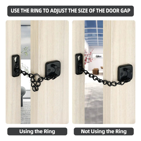 Premium Heavy Duty Door Chain Lock shown adjusting gap size, matte black security gate latch installed on wood doors.