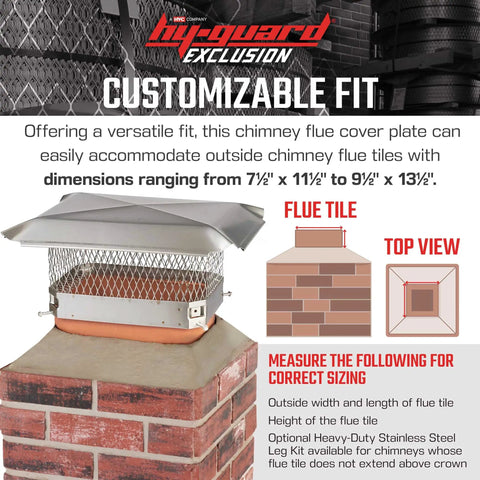 Stainless Steel Chimney Cap For Secure Birdproofing And Debris Shield Bolt On Chimney Cover Fits 13 By 13 In Flue Tiles Easy Install Vent Cap With Hood Plate Keeps Rain And Downdrafts Out shown on a brick chimney with sizing guide.
