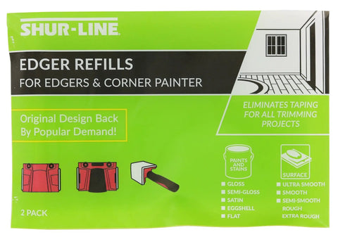 Packaging for Shur-Line Paint Edger Pro Kit with two pack painter's pad refills for crisp baseboard and ceiling edges.