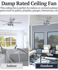 Split view of industrial 52 inch ceiling fan with light kit in galvanized finish in both indoor and outdoor settings