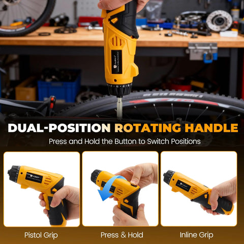 Heavy Duty 4V Cordless Electric Screwdriver Set Featuring 46 Precision Driver Bits In A Slick Carrying Case With Adjustable Torque And All Day Battery Juice For No Fuss DIY And Home Upgrades, showcasing dual-position handle for versatile grip.