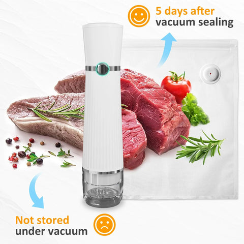 Ultra Portable Handheld Vacuum Sealer for Food Cordless USB Charge Rechargeable Battery next to vacuum sealed and fresh meats.