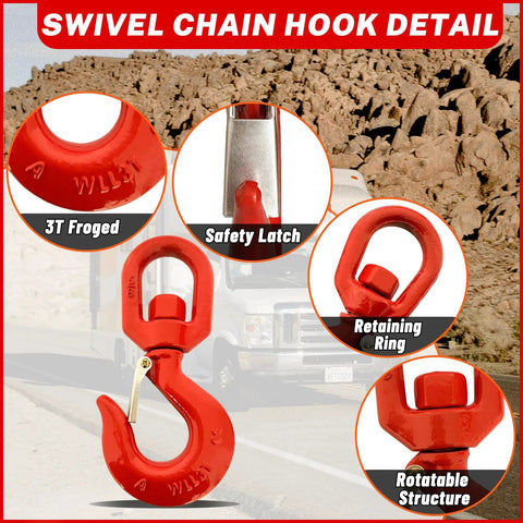 3 Ton Swivel Lifting Hook and D Ring Shackle Set With G80 Chain Hooks and Five Eighths Inch Shackle, detailed swivel hook features
