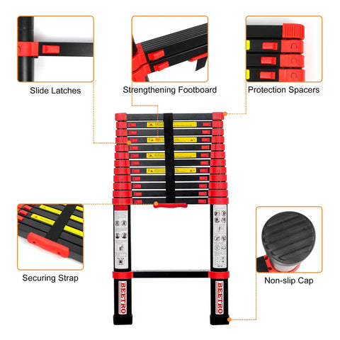 Beefy Heavy Duty Aluminum Telescoping Ladder Twelve And A Half Foot Extension Folding Multipurpose Ladder for roofing outdoor home use 330 lb capacity portable space saver red, showing slide latches, footboard, spacers, strap, non-slip cap.