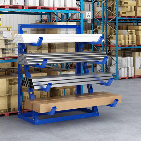 Top Notch 4 Tier Steel Lumber And Pipe Storage Rack With Adjustable Arms And Rugged Alloy Frame Holding Up To Two Thou Pounds for storing galvanized pipes.